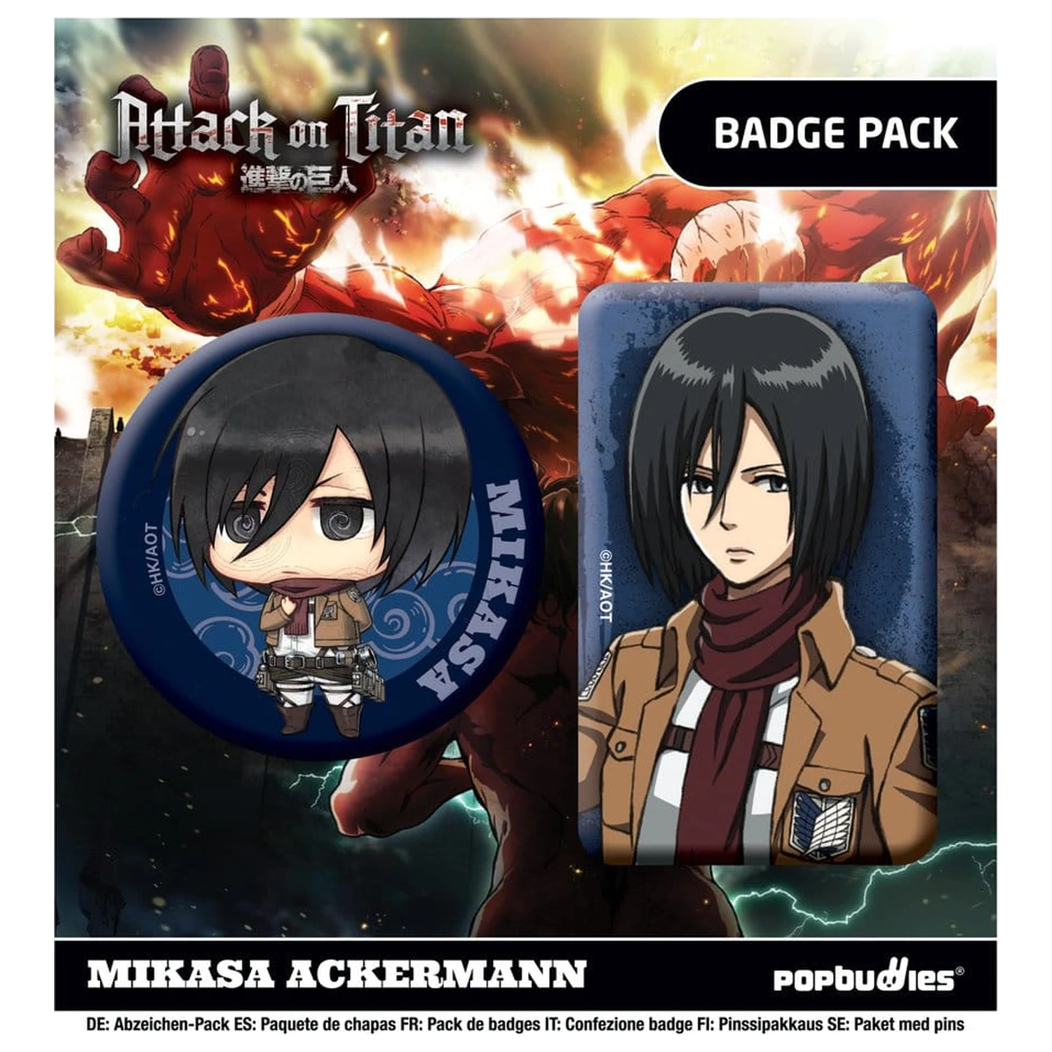 Attack on Titan Bedževi, pakiranje od 2 komada, Mikasa Ackermann fotografija proizvoda