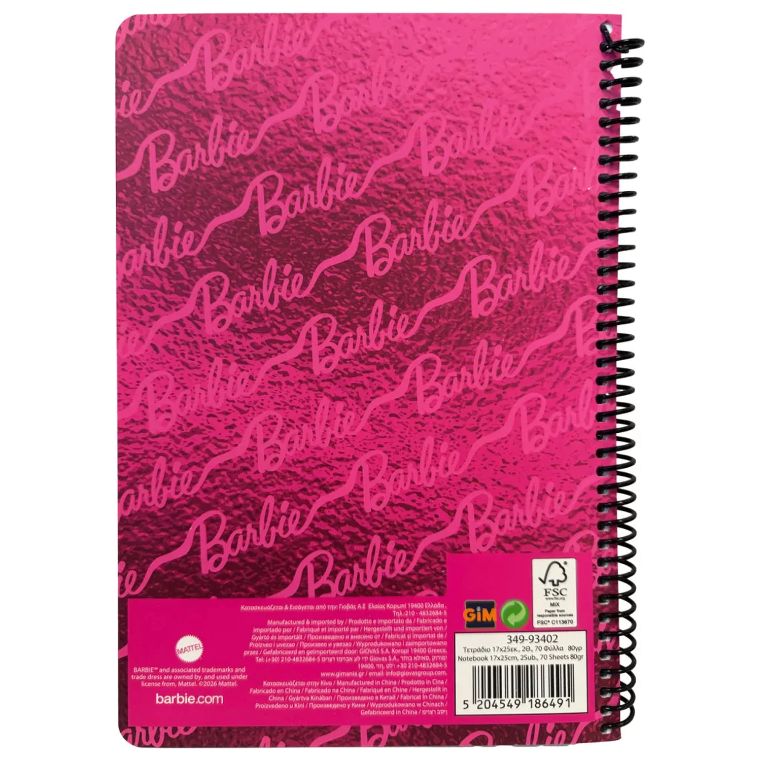 Barbie Pink B/5 bilježnica s spiralnim uvezom i crtama, 70 listova fotografija proizvoda