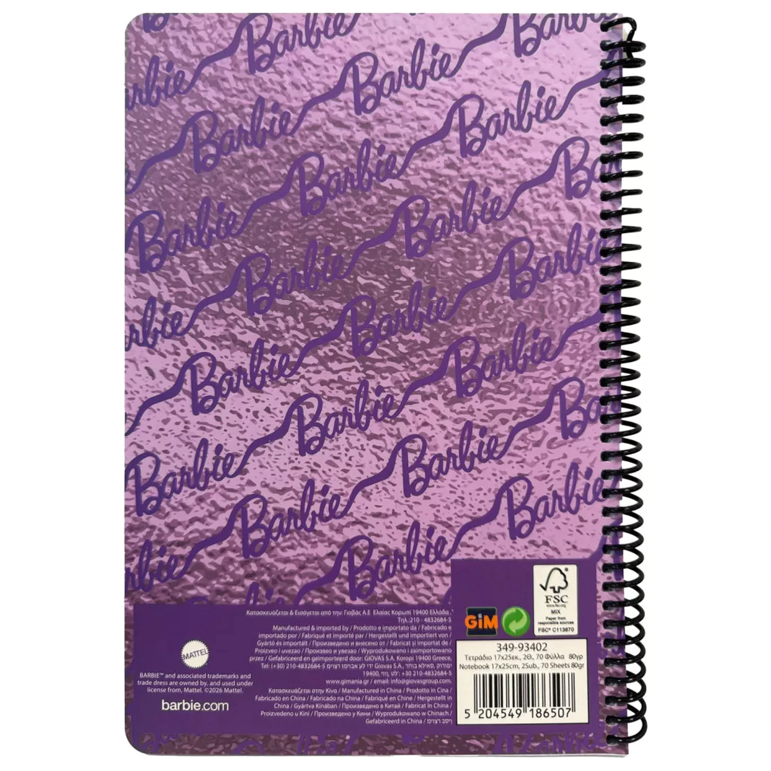 Barbie Purple B/5 Bilježnica na spirali s crtama, 70 listova fotografija proizvoda