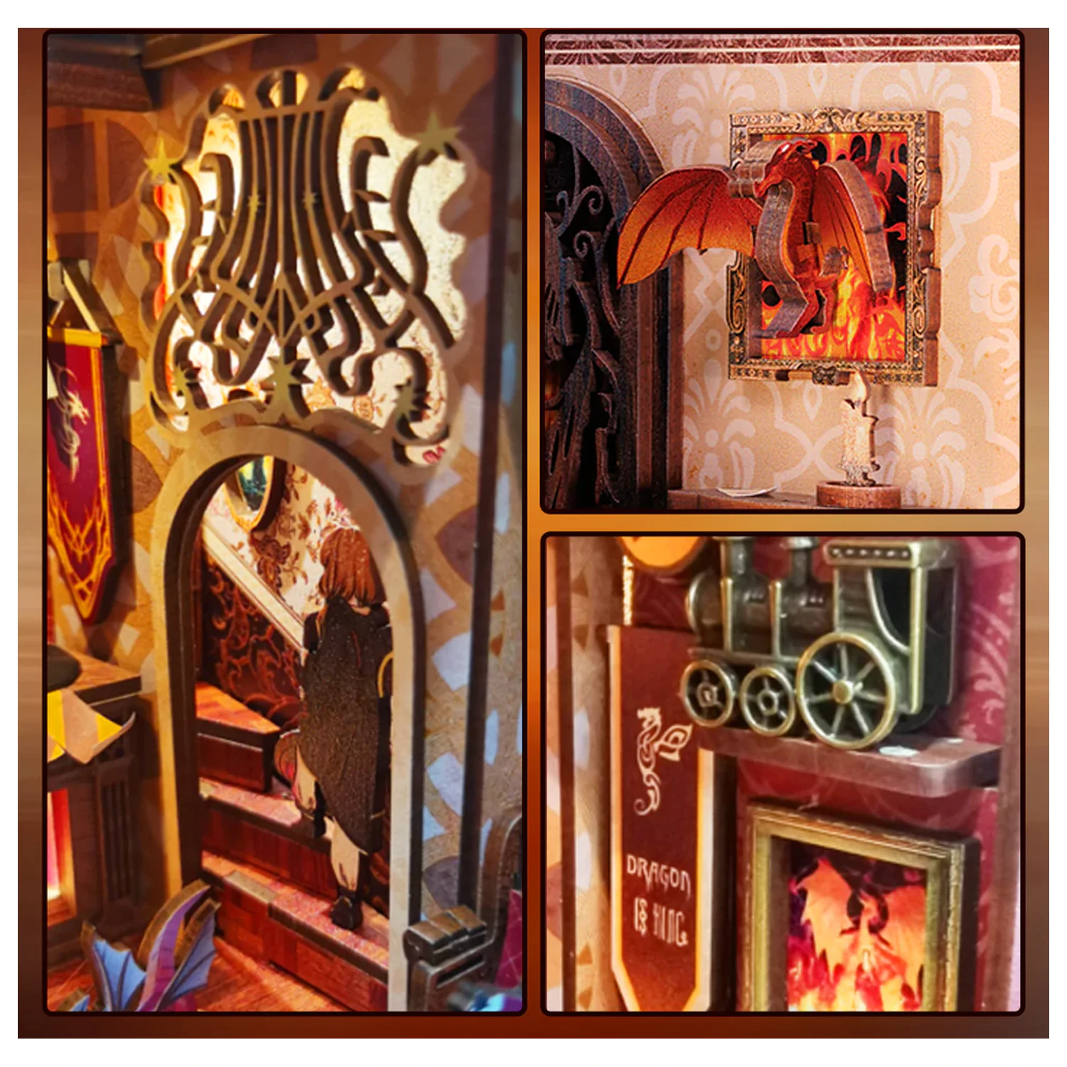 Komplet za uređenje police Book Nook DIY Flame Common Room 226db + LED svjetlo komplet za gradnju fotografija proizvoda