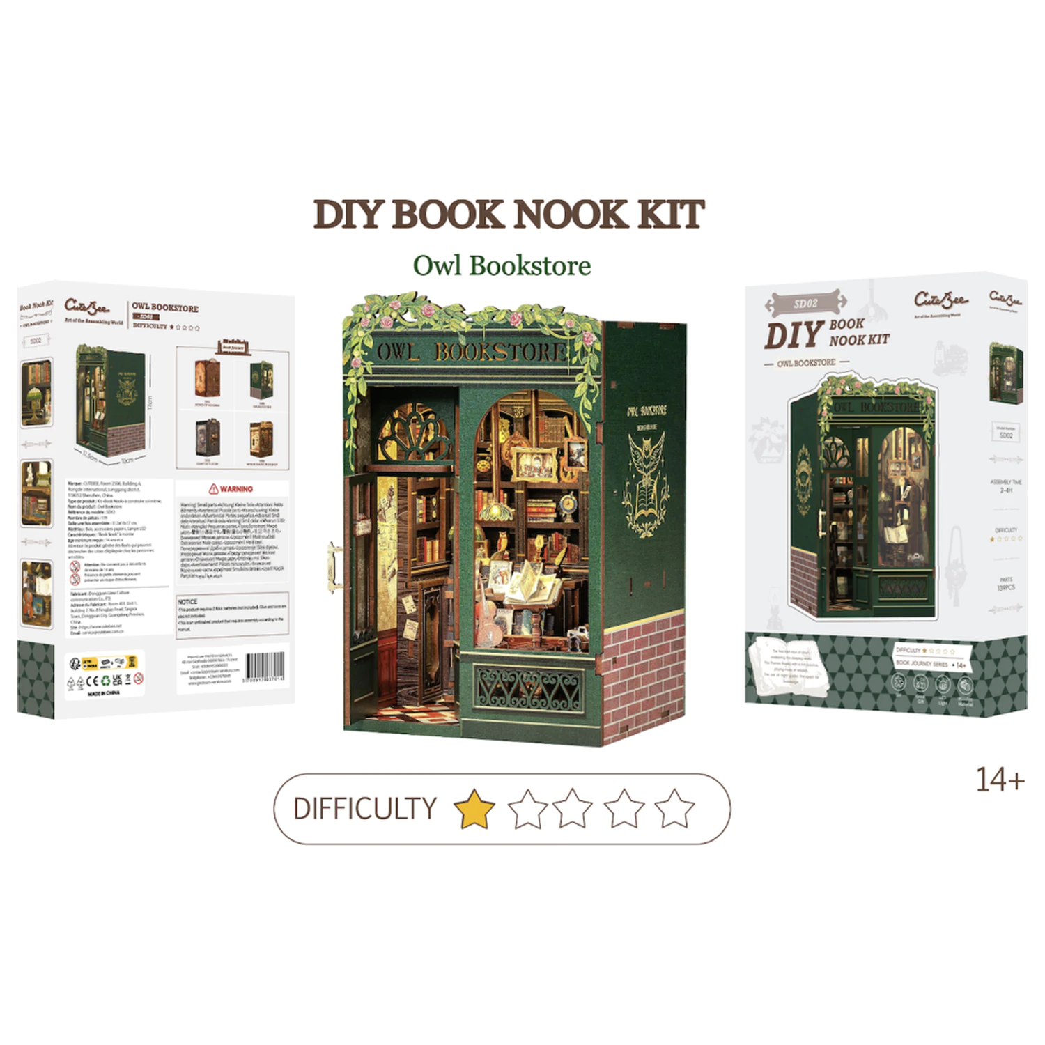 BOOK NOOK KIT DIY Owl Bookstore set za građenje od 139 komada + LED svjetlo fotografija proizvoda