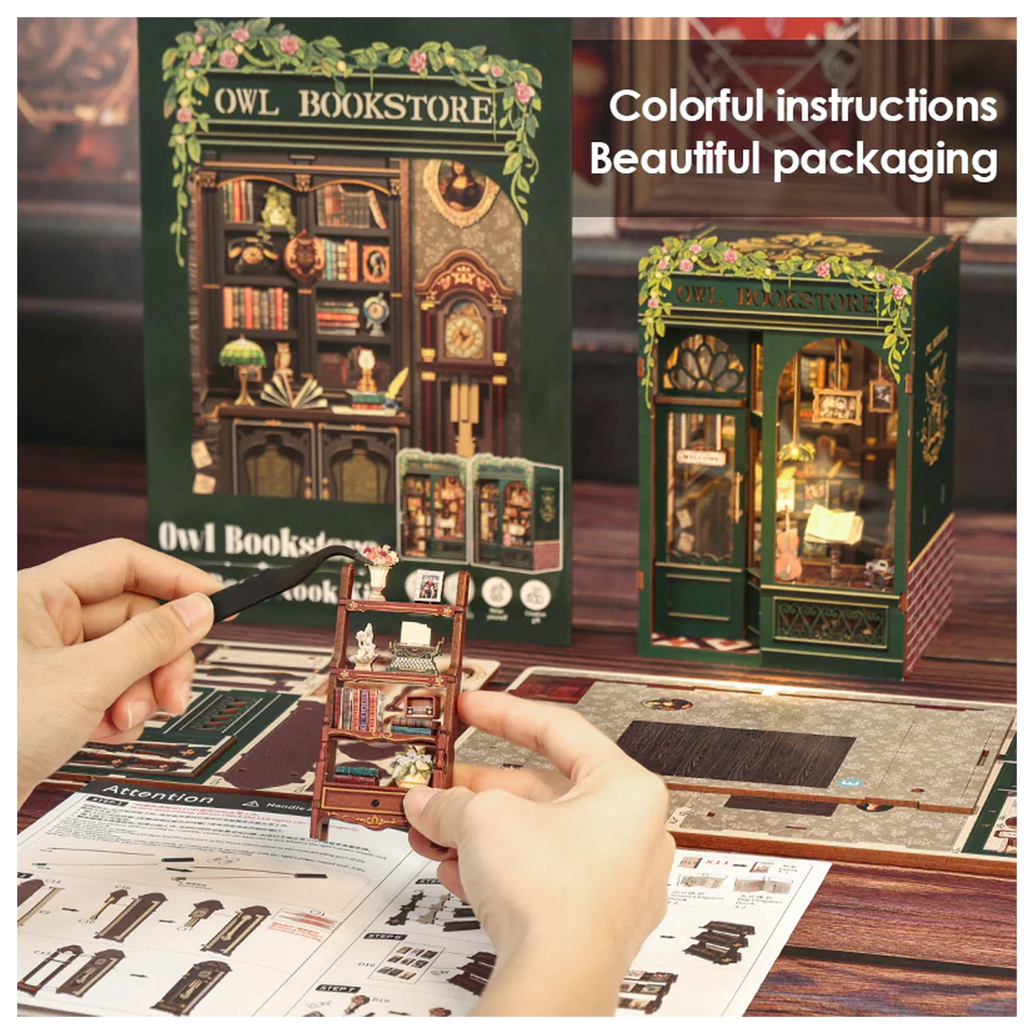 BOOK NOOK KIT DIY Owl Bookstore set za građenje od 139 komada + LED svjetlo fotografija proizvoda