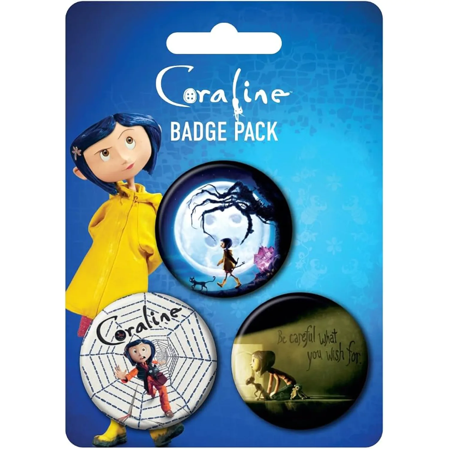 Coraline Velike značke na pribadaču, pakiranje od 3, ključna grafika fotografija proizvoda