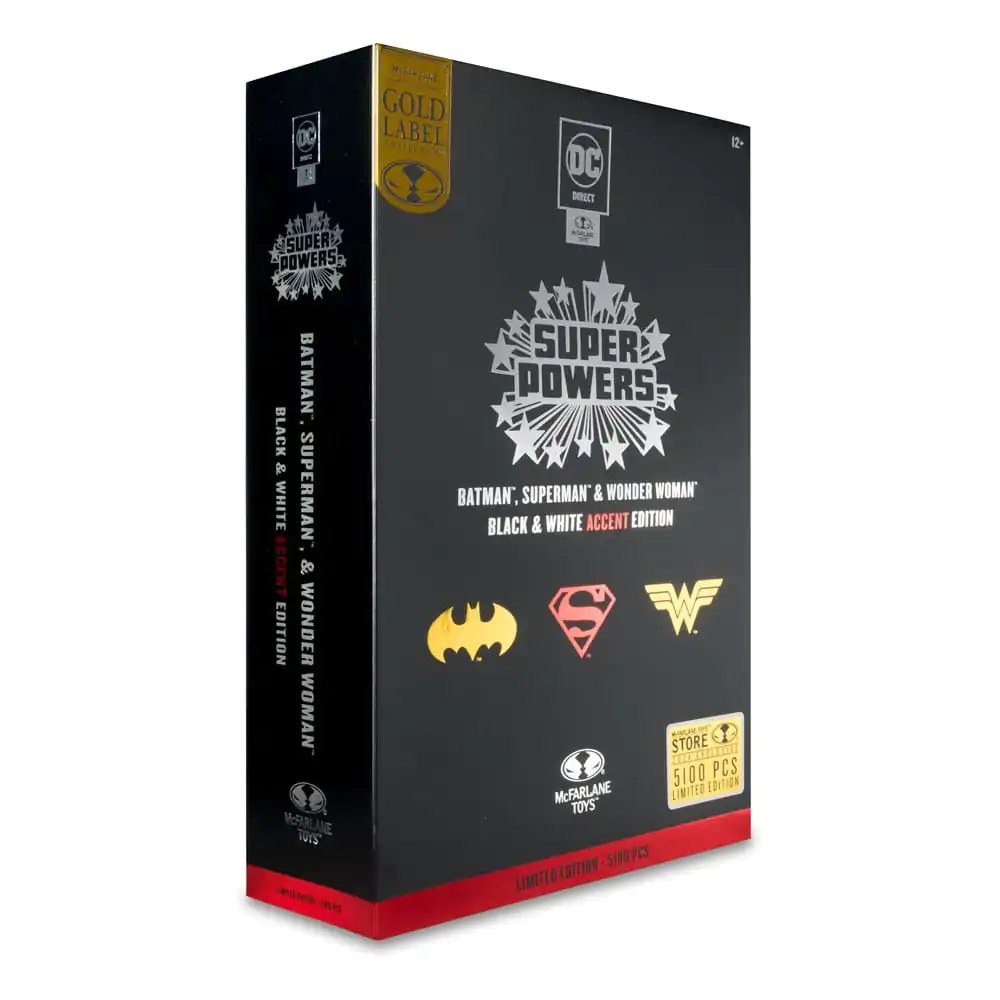 DC Direct Super Powers akcijske figure Batman, Superman & Wonder Woman Black & White Accent Edition Gold Label 13 cm fotografija proizvoda
