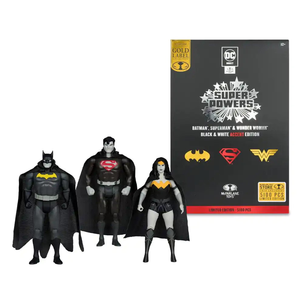 DC Direct Super Powers akcijske figure Batman, Superman & Wonder Woman Black & White Accent Edition Gold Label 13 cm fotografija proizvoda
