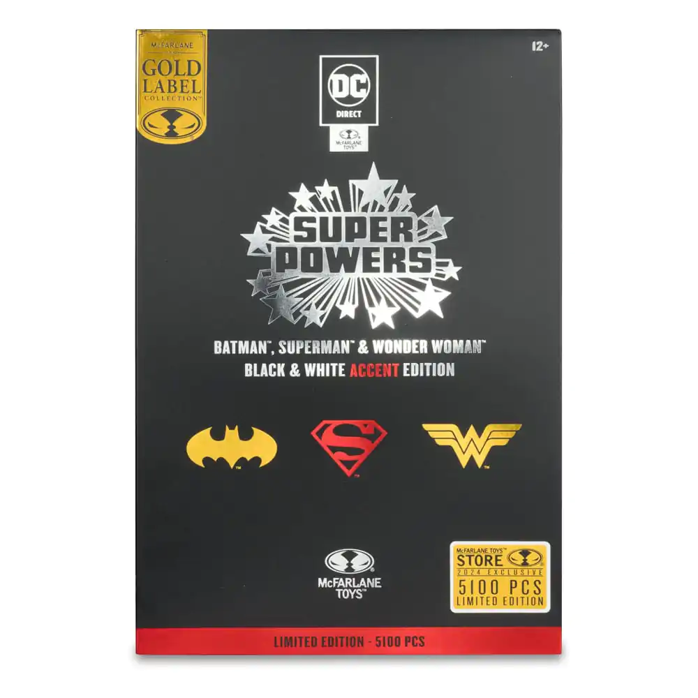 DC Direct Super Powers akcijske figure Batman, Superman & Wonder Woman Black & White Accent Edition Gold Label 13 cm fotografija proizvoda
