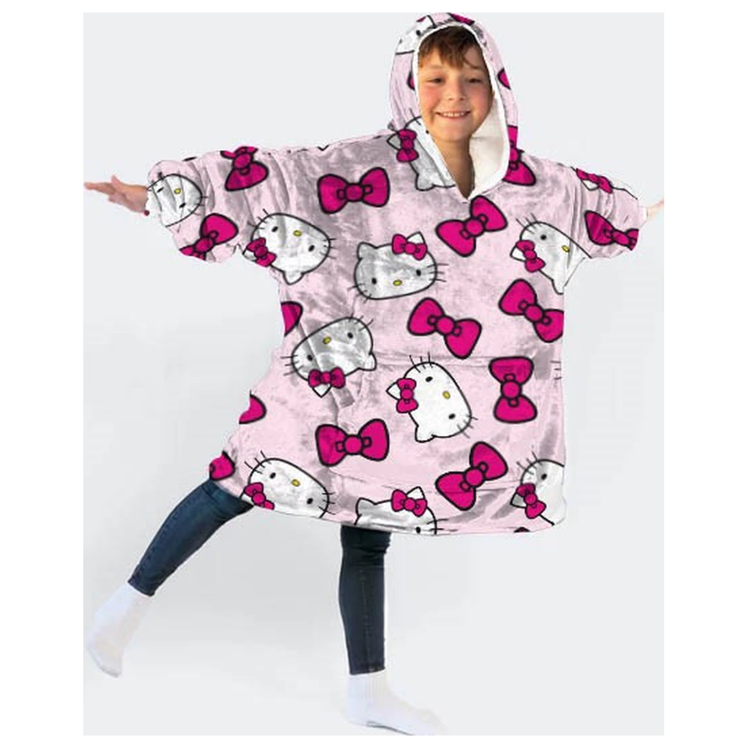 Hello Kitty Bow plišana deka pončo od flisa za nošenje za uzrast od 7-14 godina fotografija proizvoda