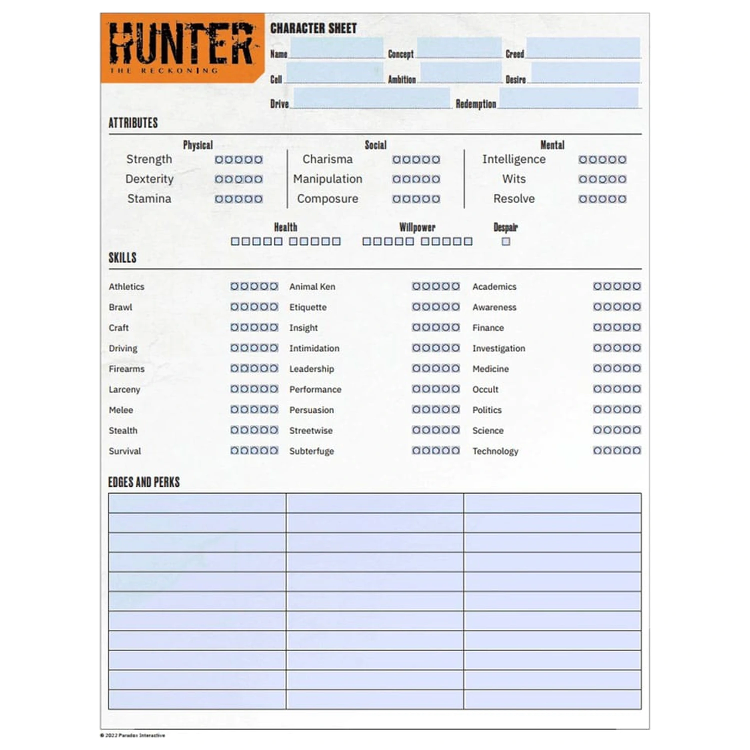 Hunter: The Reckoning 5th Edition RPG bilježnica prošireni listovi likova bilježnica *Engleska verzija* fotografija proizvoda