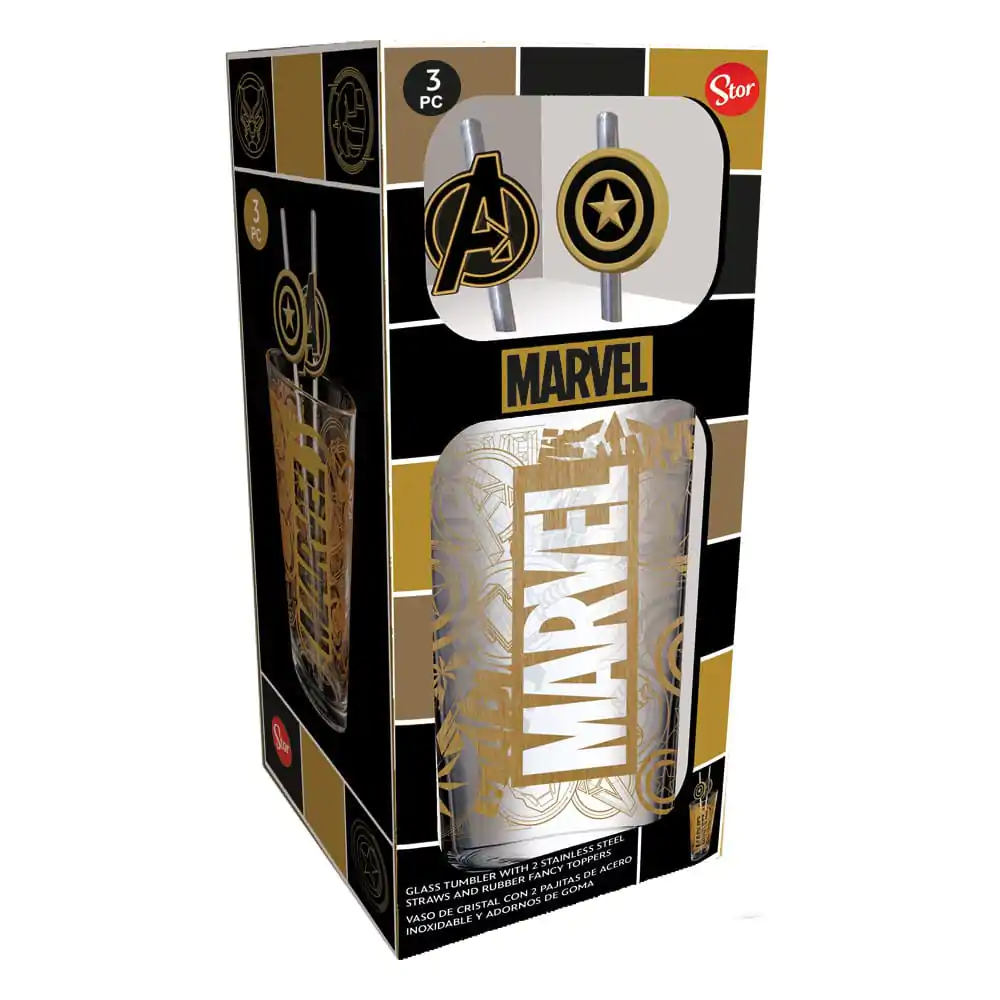 Marvel Staklena čaša sa slamkama, Logo i Avengers 485 ml fotografija proizvoda