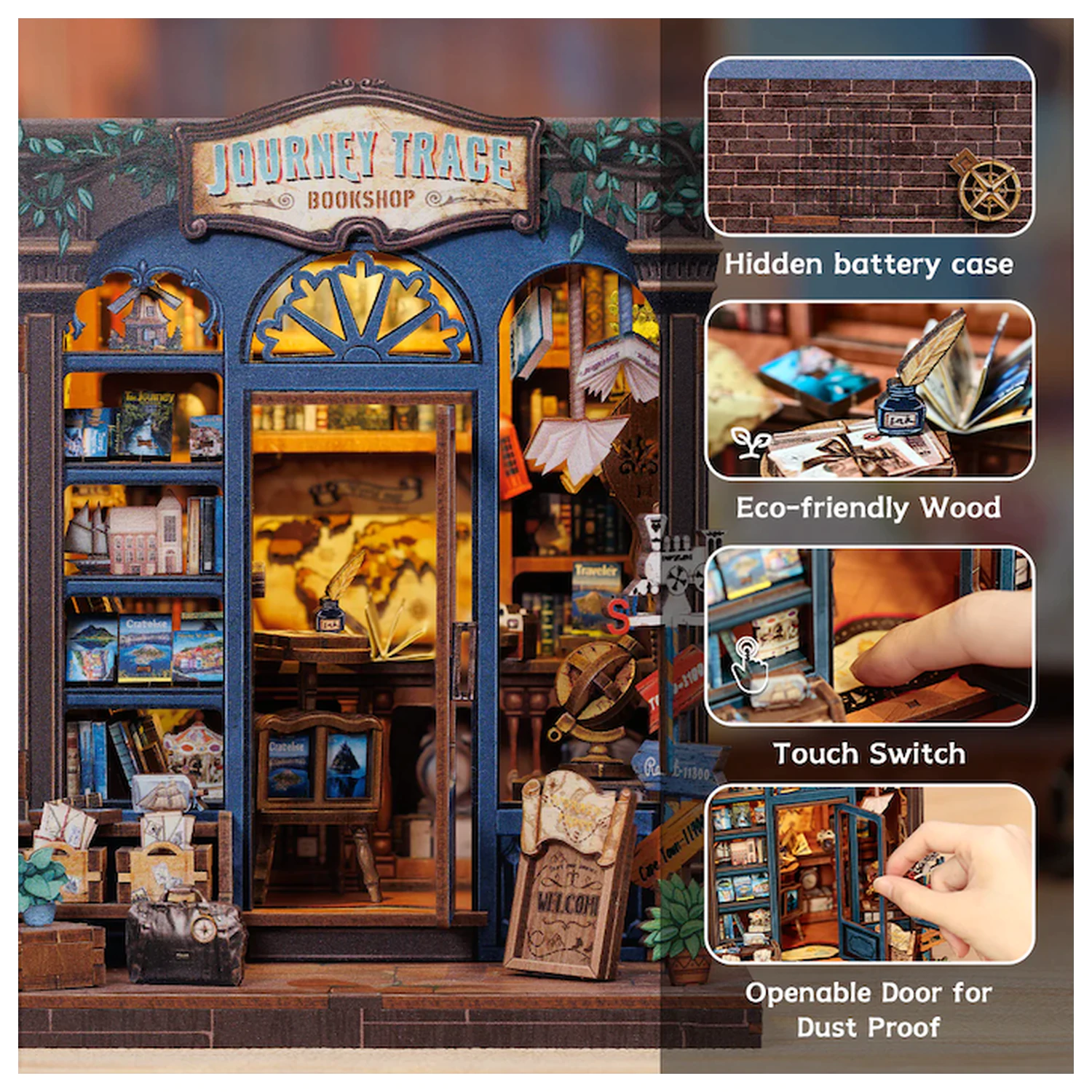 MINIJATURNA KUĆA DIY Journey Trace Bookshop 241 komada + LED svjetlo komplet za izradu fotografija proizvoda