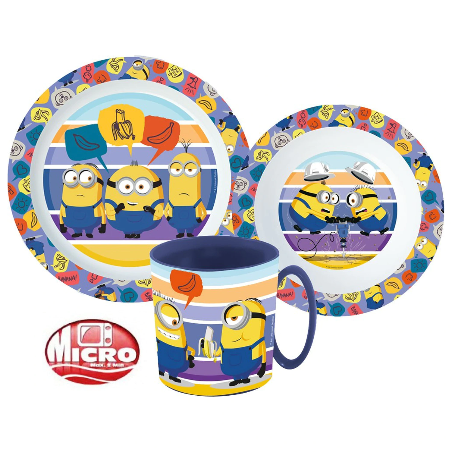 Minions prugasti set posuđa za jelo, mikroplastični set s šalicom 350 ml fotografija proizvoda